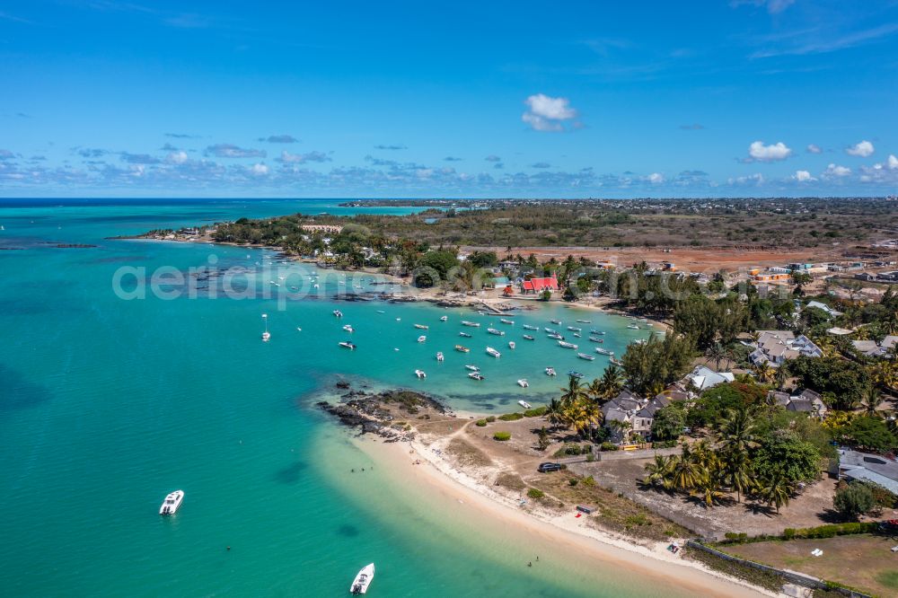 Aerial image Grand Baie - Water surface at the bay along the sea coast Matson Point in the district Pereybere in Grand Baie in Riviere du Rempart District, Mauritius