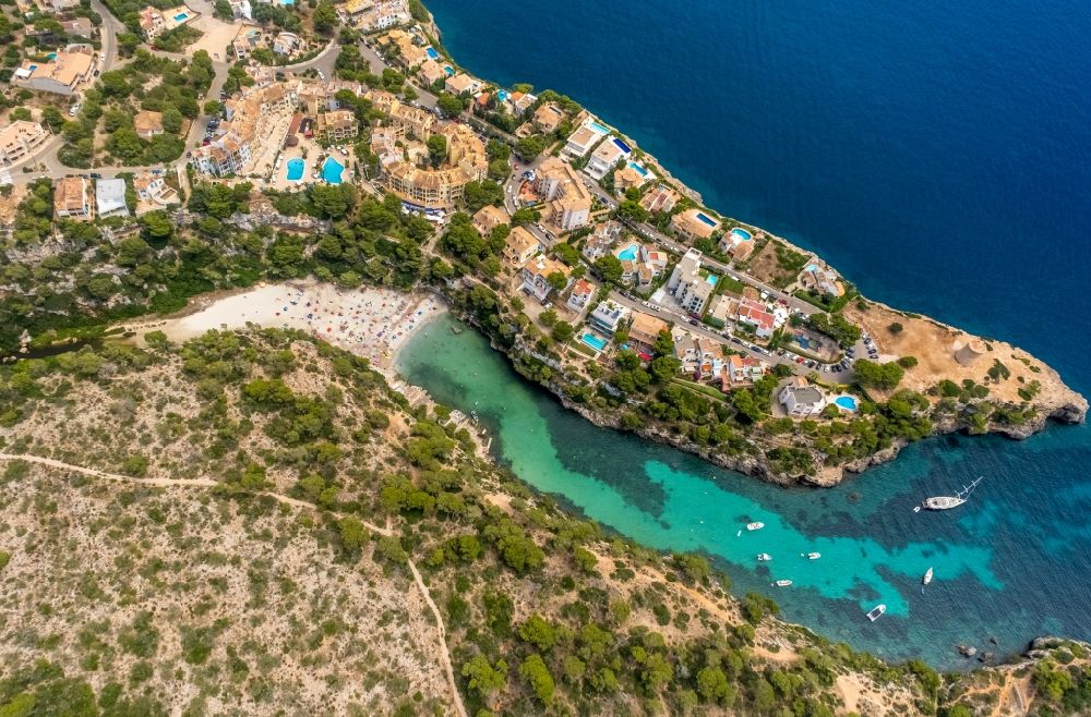 Cala Pi from above - Water surface at the bay along the sea coast Torre de Cala Pi in Cala Pi in Balearische Insel Mallorca, Spain