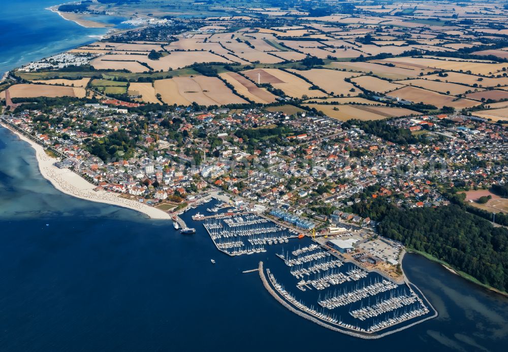 Laboe from above - Bay along the sea coast with marina and commercial ports in Laboe in the state of Schleswig-Holstein, Germany