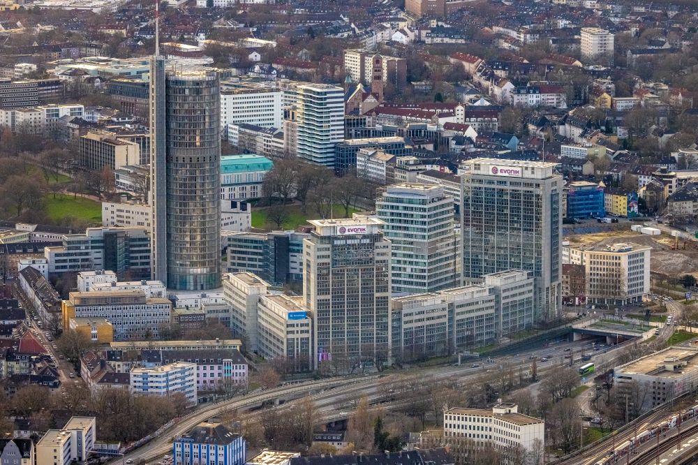 Aerial image Essen - Office building of the administration and commercial building of Evonik Industries AG on Rellinghauser Strasse in the district Suedviertel in Essen in the Ruhr area in the state North Rhine-Westphalia, Germany