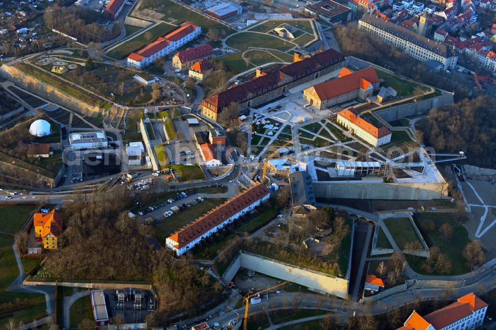 Erfurt from the bird's eye view: Conversion to the Federal Garden Show on Fragments of the fortress Petersberg with the new construction of the Petersberg Entree in the district Altstadt in Erfurt in the state Thuringia, Germany