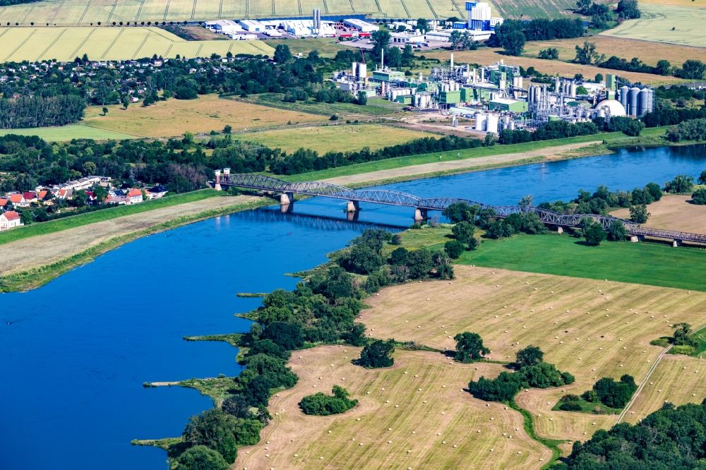 Aerial image Barby (Elbe) - Groyne - Elbe landscape - river course in Barby with the former Elbe bridge and industrial area in the state Saxony-Anhalt, Germany