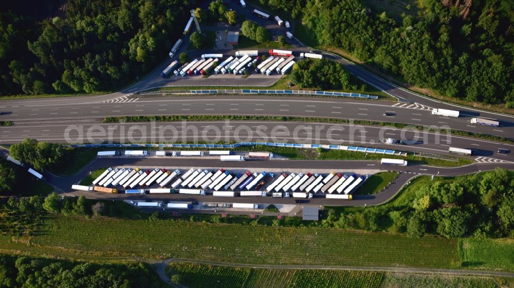 Bad Honnef from above - Bundesautobahn 3, rest area Logebach in the state North Rhine-Westphalia, Germany