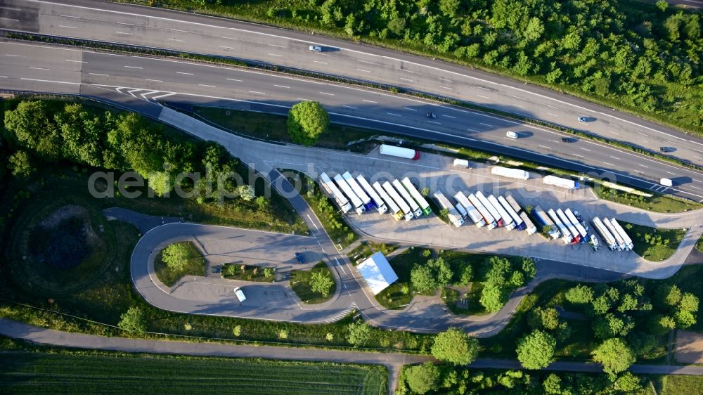 Urbach from above - Bundesautobahn 3, rest area Maerkerwald in Urbach in the state Rhineland-Palatinate, Germany