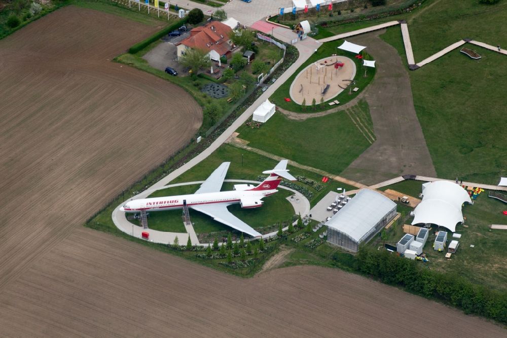 Aerial image Gollenberg - Bundesgartenschau 2015 in Stoelln / Rhinow near the Gollenberg in the state Brandenburg. Central point is the IL62 landed in a spectacular action, called Lady Agnes, the wife of the downed flight pioneer Otto Lilienthal