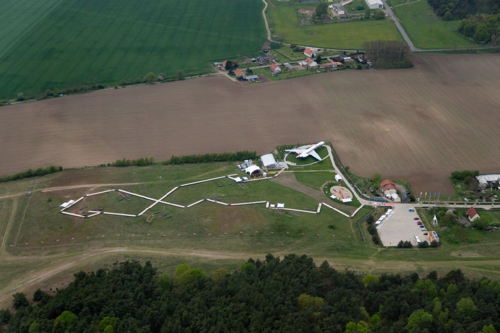Aerial photograph Gollenberg - Bundesgartenschau 2015 in Stoelln / Rhinow near the Gollenberg in the state Brandenburg. Central point is the IL62 landed in a spectacular action, called Lady Agnes, the wife of the downed flight pioneer Otto Lilienthal