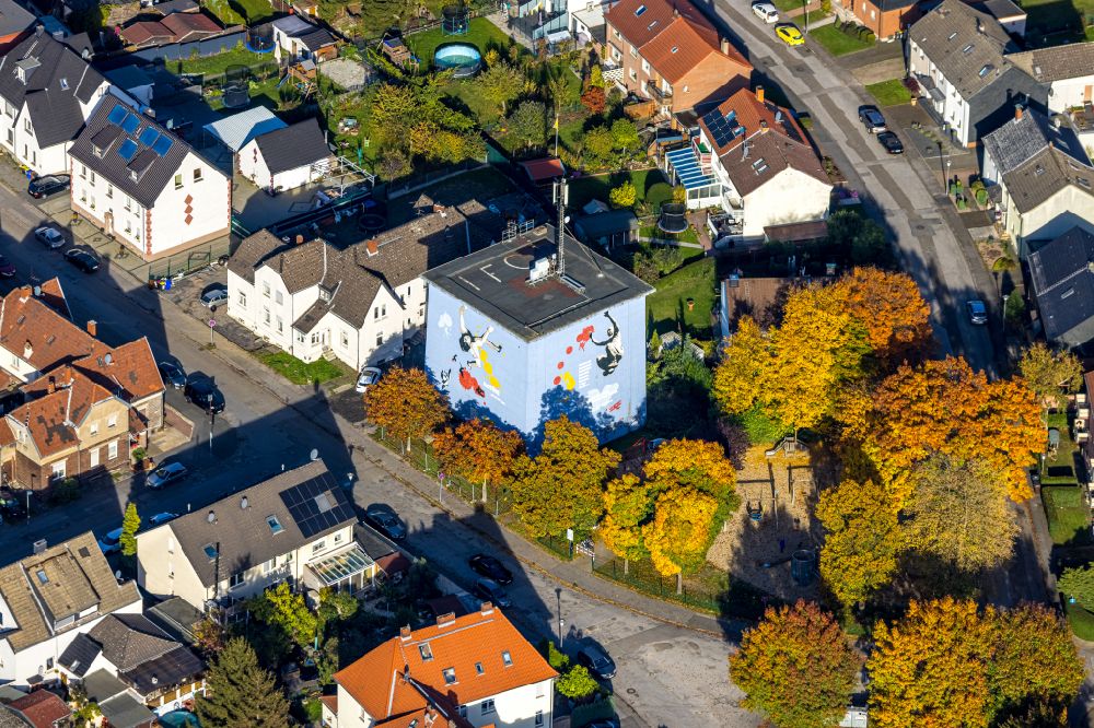 Gladbeck from above - Bunker building complex made of concrete and steel of a former high bunker with graffiti on its facade on street Uferstrasse in Gladbeck at Ruhrgebiet in the state North Rhine-Westphalia, Germany