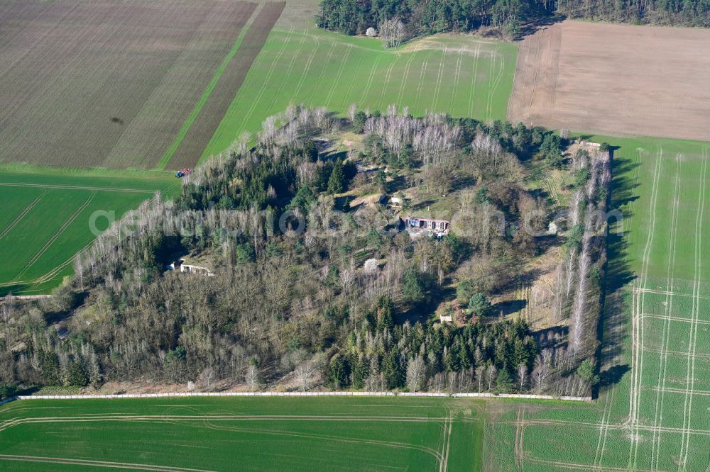 Aerial image Schönermark - Bunker building complex made of concrete and steel of the flak rocket department - firing position of the FRA 4131 of the former NVA National People's Army of the GDR on the street Baumgartner Weg in Schoenermark Uckermark in the state Brandenburg, Germany