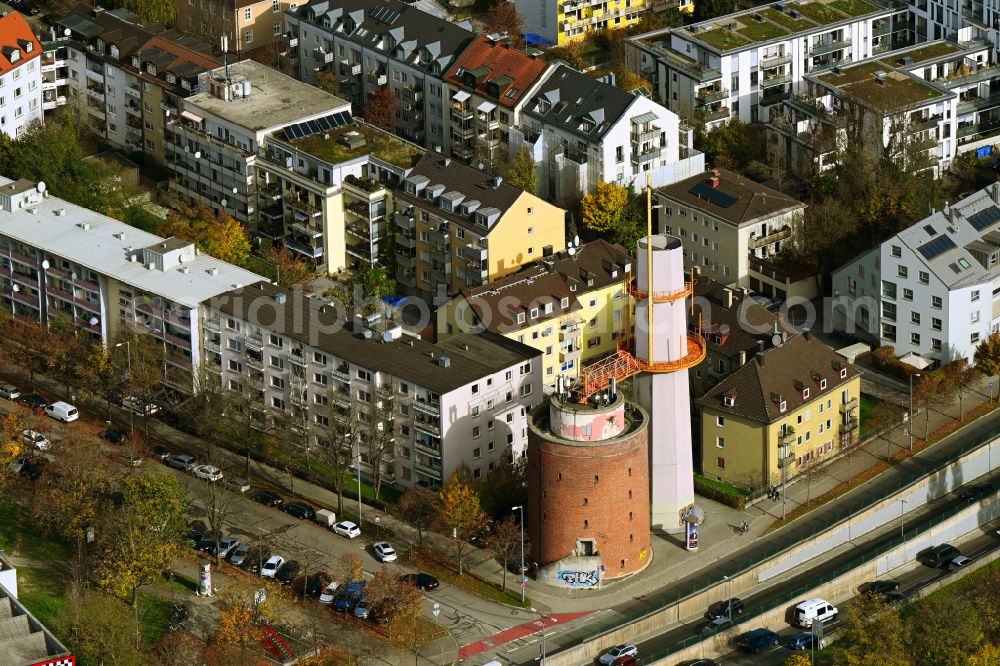 Aerial photograph München - Bunker building complex made of concrete and steel Hochbunker Petuelring on street Riesenfeldstrasse in the district Milbertshofen-Am Hart in Munich in the state Bavaria, Germany