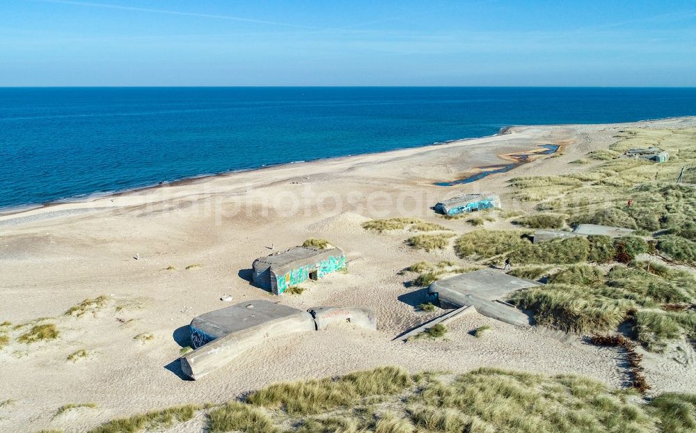 Aerial image Thisted - Bunker building complex made of concrete and steel on the sandy beach of the North Sea in Klitmoller in Nordjylland, Denmark