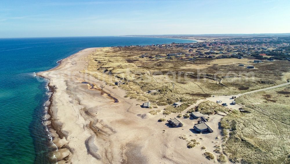 Aerial photograph Thisted - Bunker building complex made of concrete and steel on the sandy beach of the North Sea in Klitmoller in Nordjylland, Denmark