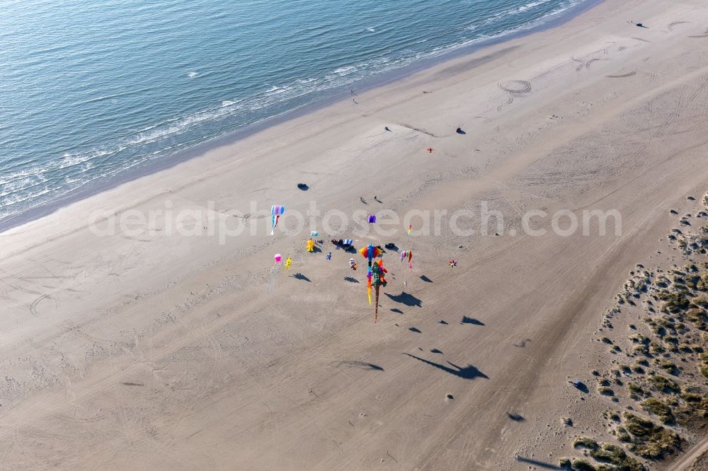 Fanö from above - Coulourful Kites over the Beach along the West coast of Northsea island in Fanoe in, Denmark