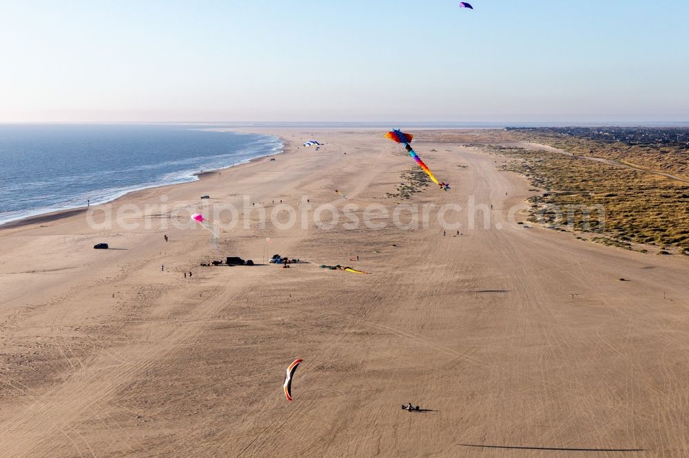 Fanö from above - Coulourful Kites over the Beach along the West coast of Northsea island in Fanoe in, Denmark