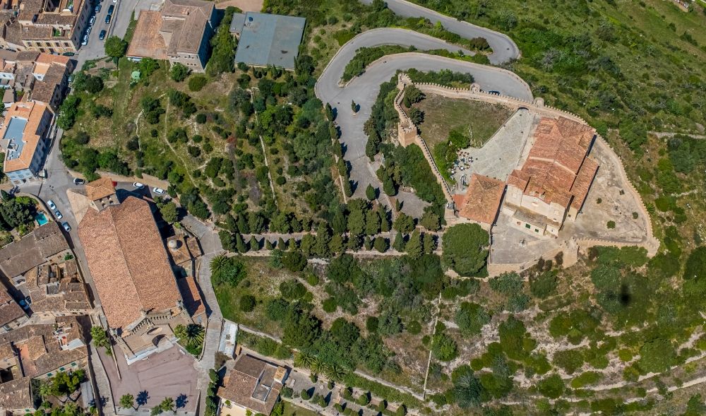 Aerial image Arta - Castle of the fortress Almudaina d'Arta on C. del Castellet in Arta in Balearic island of Mallorca, Spain