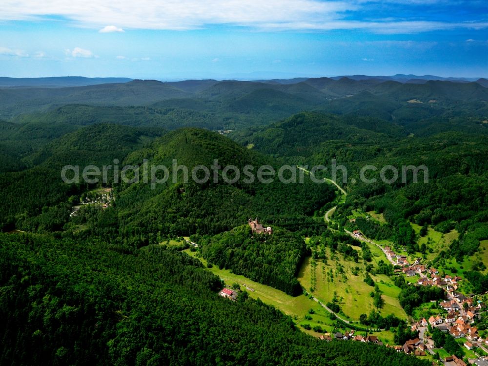Aerial image Erlenbach bei Dahn - Castle Berwartstein in Erlenbach in the state of Rhineland-Palatinate. The middle age rock fortress is located on a hill above the village in the Southern Palatinate Forest. The main buildings, the tower and castle keep are well preserved. The fortress was later converted to a castle