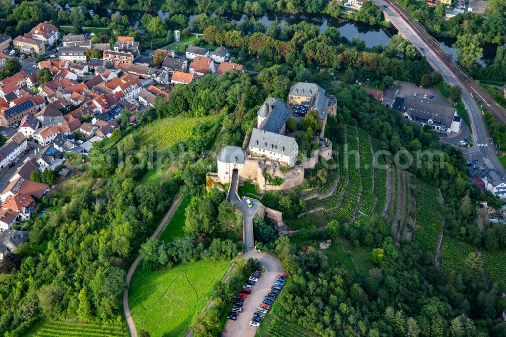 Bad Kreuznach from the bird's eye view: Ebernburg castle in Bad Muenster am Stein Ebernburg in the state of Rhineland-Palatinate. Built in 1338 by Raugraf Ruprecht and Count Johann of Sponheim-Kreuznach, the birthplace of Franz of Saeckingen, Today: hotel, conference center and tourist restaurant