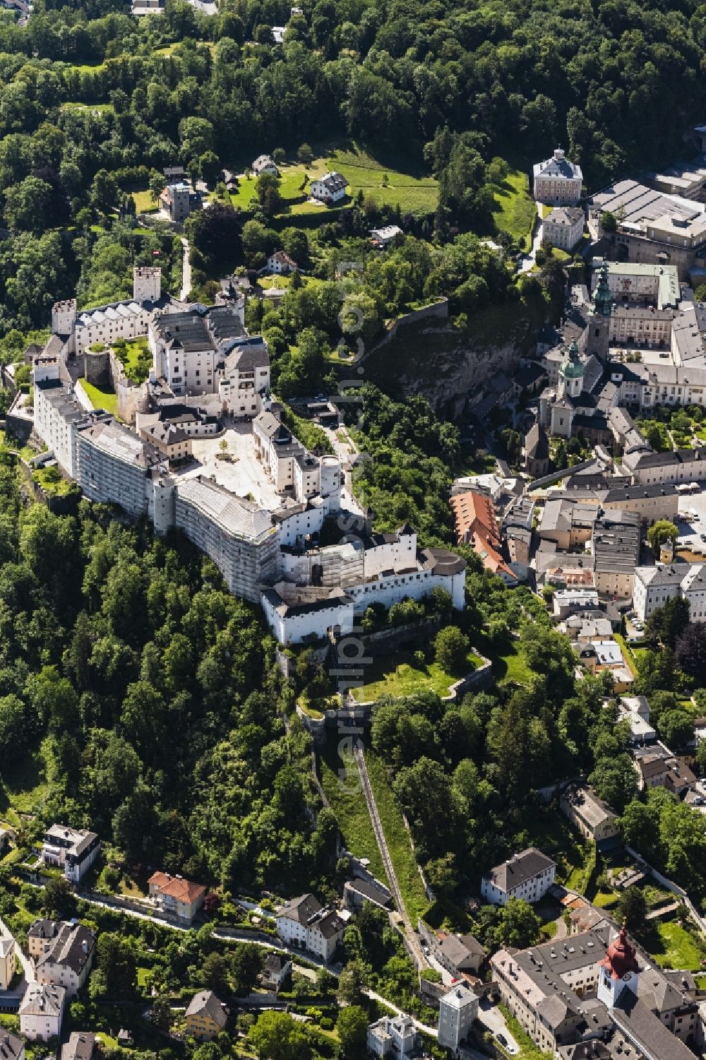 Salzburg from the bird's eye view: Castle of the fortress Festung Hohensalzburg in Salzburg in Austria