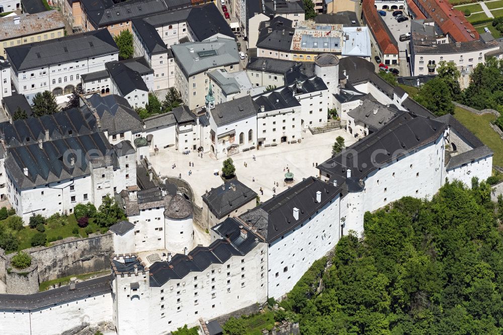 Salzburg from above - Castle of the fortress Festung Hohensalzburg on street Moenchsberg in Salzburg in Austria