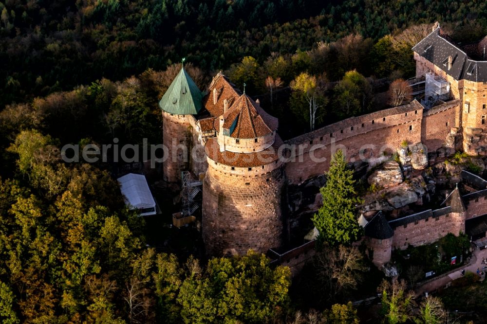 Aerial image Orschwiller - Castle of the fortress Hohkoenigsburg in Elsass 1901-1908 von Kaiser Wilhelm of 2. wieof aufgebaut in Orschwiller in Grand Est, France