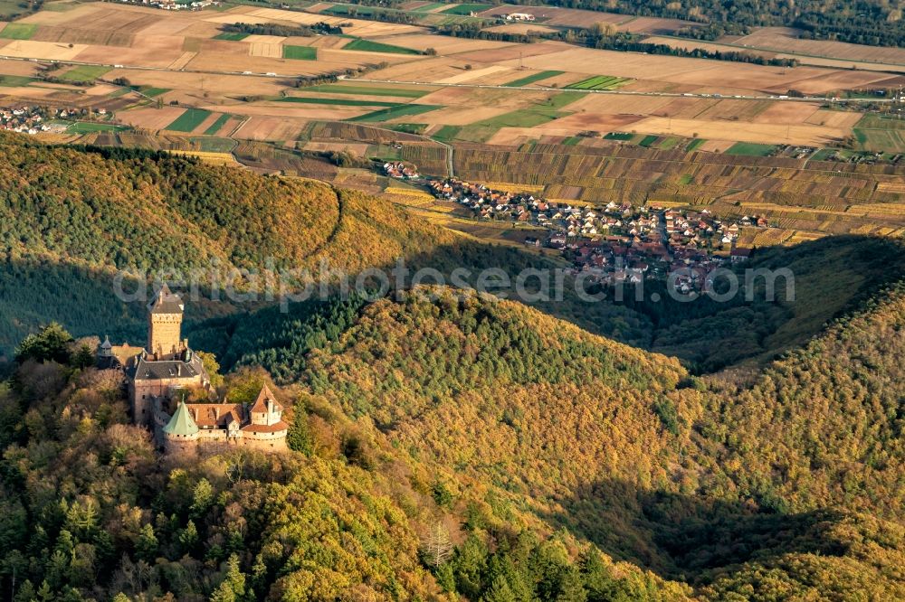 Orschwiller from the bird's eye view: Castle of the fortress Hohkoenigsburg in Elsass 1901-1908 von Kaiser Wilhelm of 2. wieof aufgebaut in Orschwiller in Grand Est, France