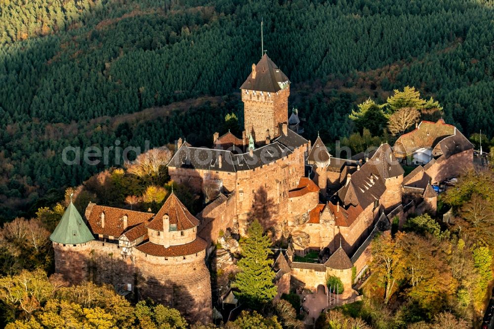 Orschwiller from above - Castle of the fortress Hohkoenigsburg in Elsass 1901-1908 von Kaiser Wilhelm of 2. wieof aufgebaut in Orschwiller in Grand Est, France