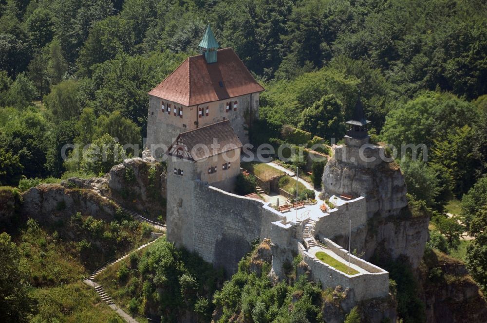 Hohnstein from the bird's eye view: Castle of the fortress in Hohnstein in the state Saxony, Germany