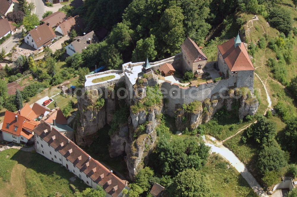 Hohnstein from the bird's eye view: Castle of the fortress in Hohnstein in the state Saxony, Germany
