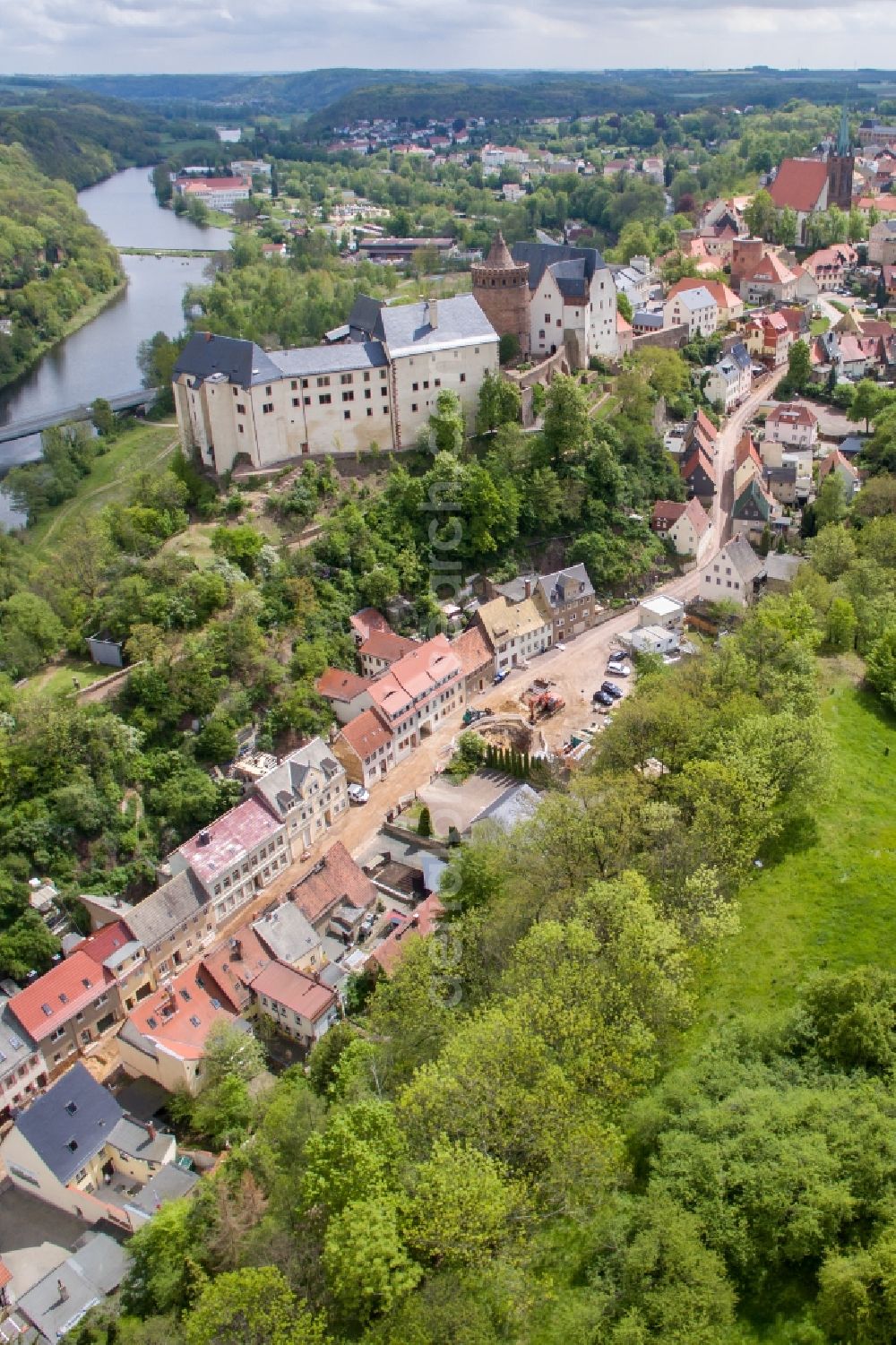 Aerial image Leisnig - Castle of the fortress Mildenstein on Schlossberg in Leisnig in the state Saxony, Germany