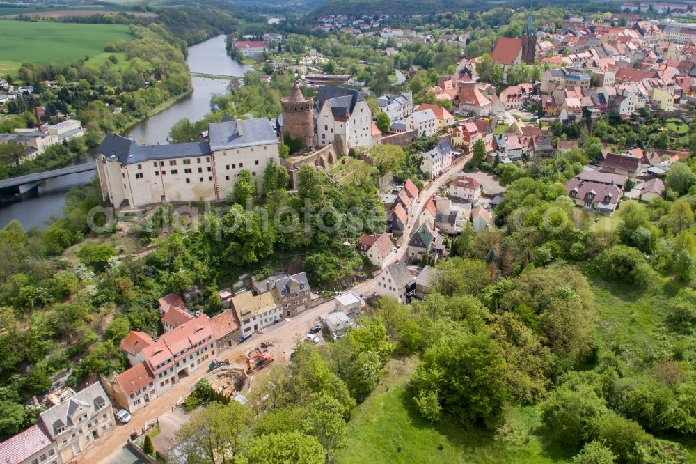 Aerial photograph Leisnig - Castle of the fortress Mildenstein on Schlossberg in Leisnig in the state Saxony, Germany