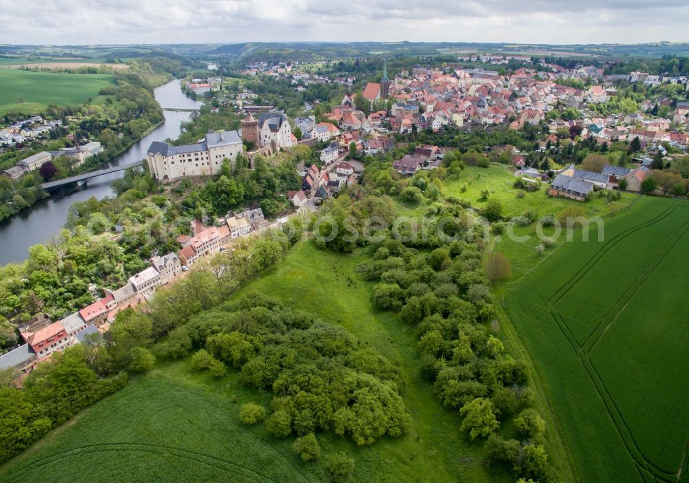 Leisnig from above - Castle of the fortress Mildenstein on Schlossberg in Leisnig in the state Saxony, Germany