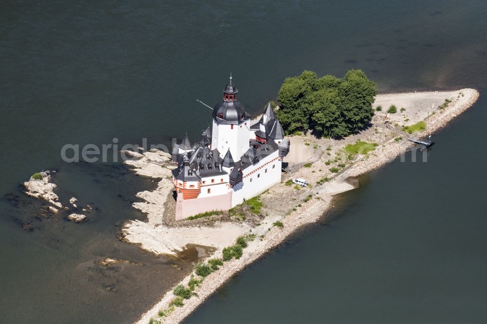 Aerial image Kaub - Castle of the fortress Pfalzgrafenstein Castle in the district Falkenau in Kaub in the state Rhineland-Palatinate, Germany