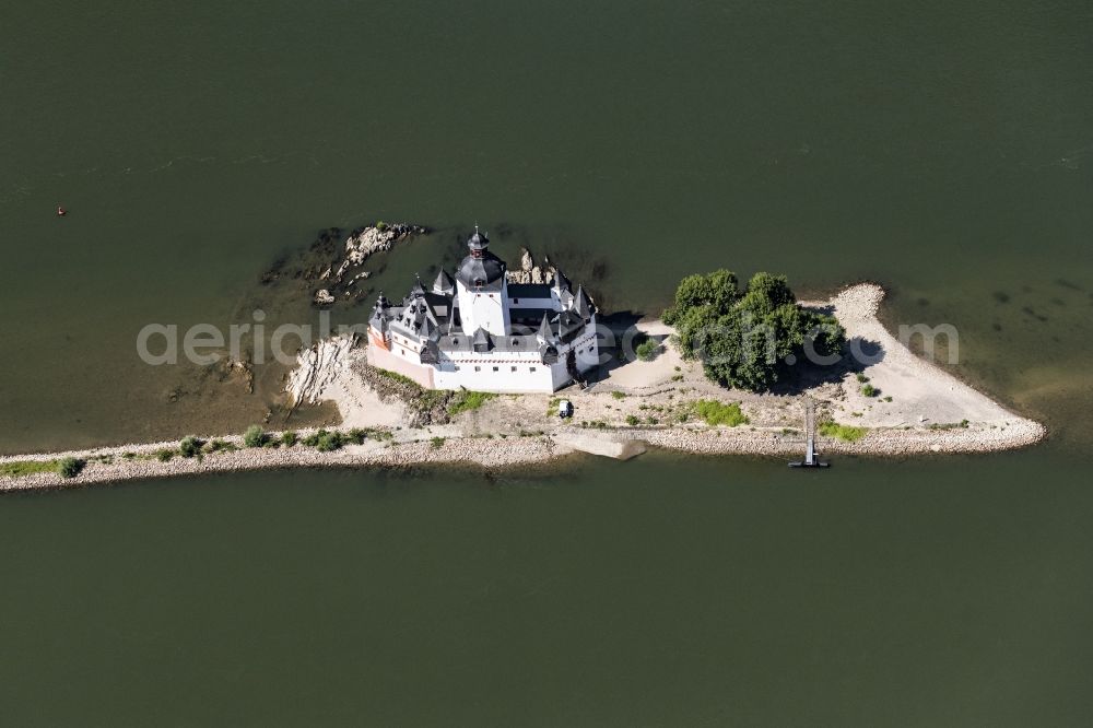 Aerial photograph Kaub - Castle of the fortress Pfalzgrafenstein Castle in the district Falkenau in Kaub in the state Rhineland-Palatinate, Germany