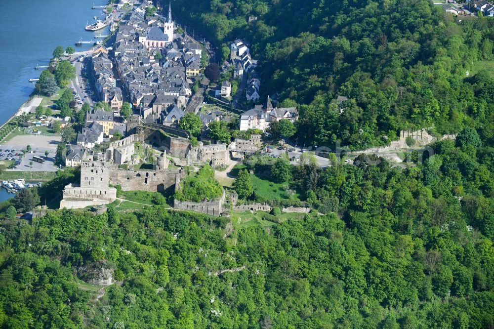 Sankt Goar from above - Castle of the fortress Rheinfels on Schlossberg in Sankt Goar in the state Rhineland-Palatinate, Germany