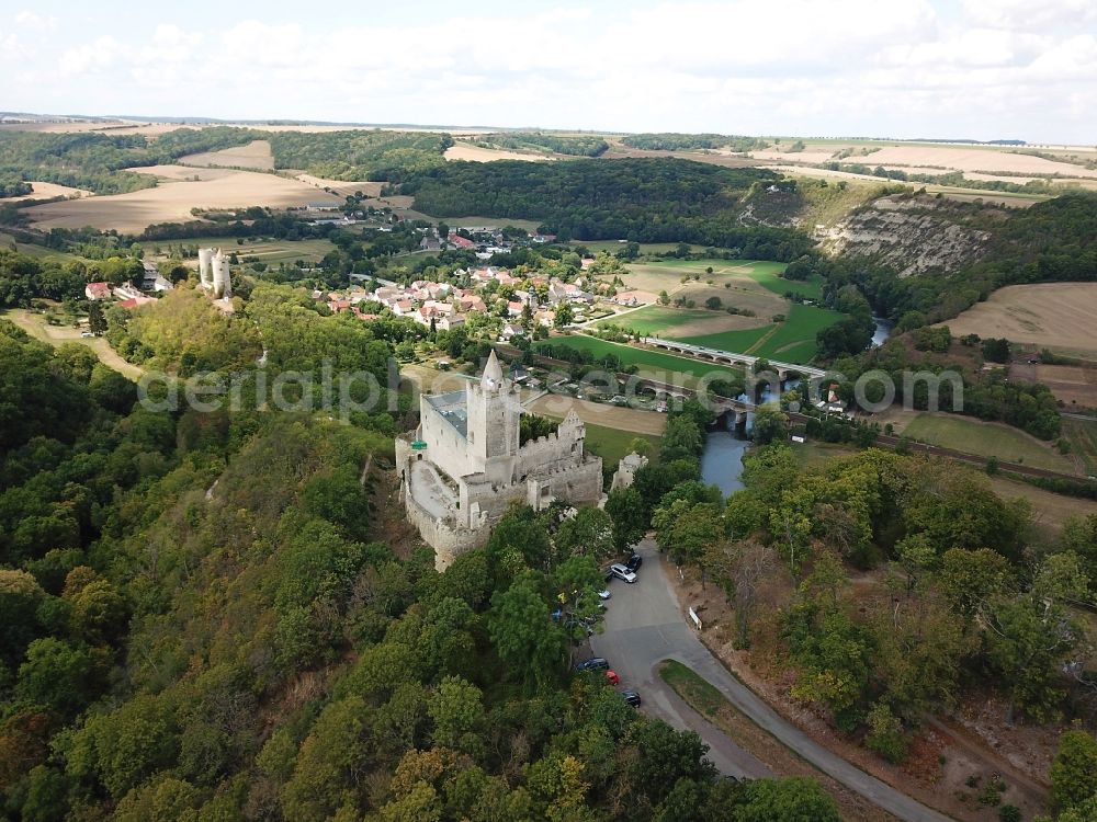 Aerial photograph Bad Kösen - Castle of the fortress Rudelsburg in Bad Koesen in the state Saxony-Anhalt, Germany