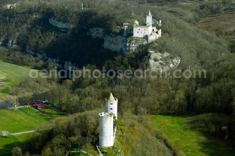 Bad Kösen from the bird's eye view: Castle of the fortress Rudelsburg Am Burgberg overlooking the Burg Saaleck in Bad Koesen in the state Saxony-Anhalt, Germany