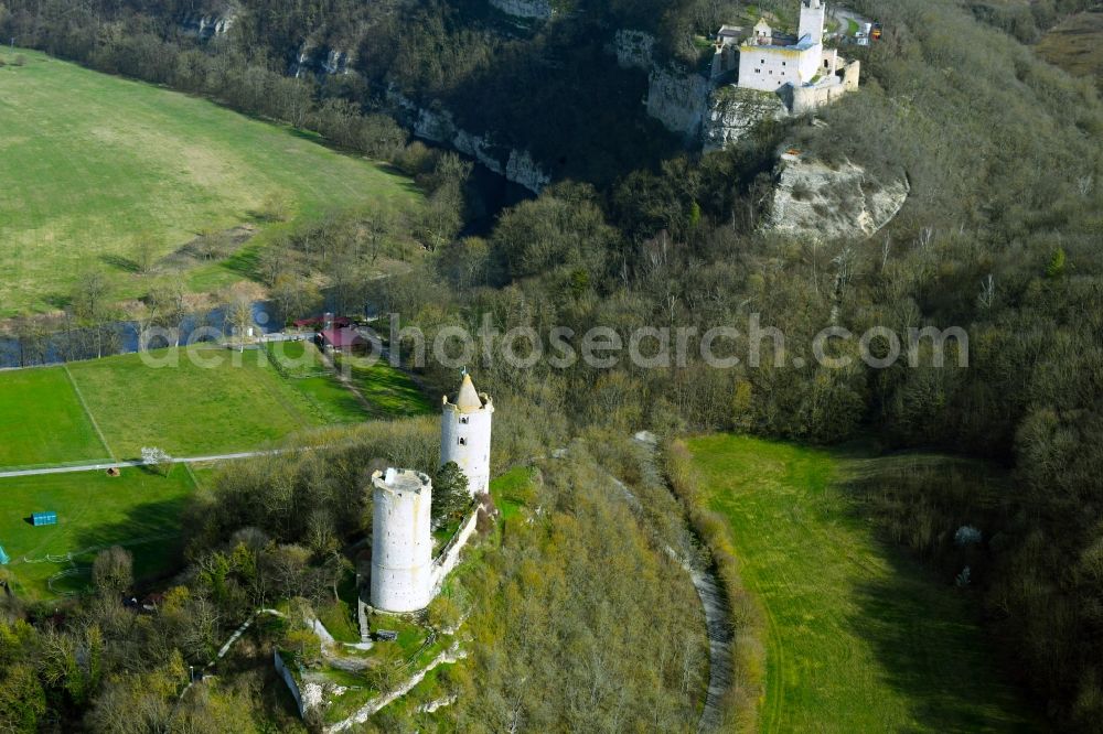 Bad Kösen from above - Castle of the fortress Rudelsburg Am Burgberg overlooking the Burg Saaleck in Bad Koesen in the state Saxony-Anhalt, Germany