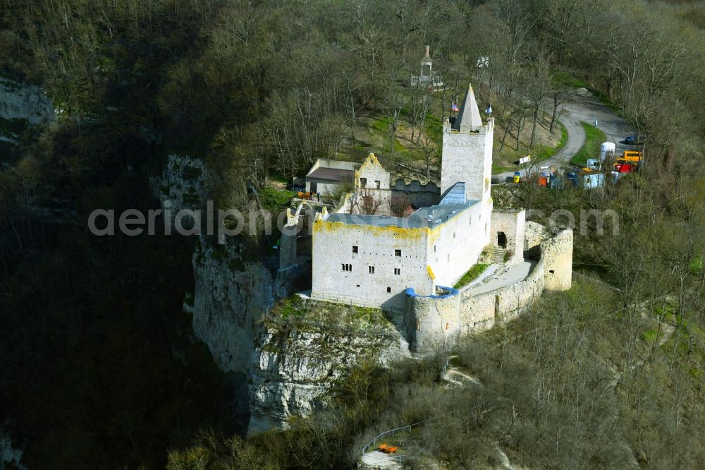 Aerial photograph Bad Kösen - Castle of the fortress Rudelsburg Am Burgberg in Bad Koesen in the state Saxony-Anhalt, Germany