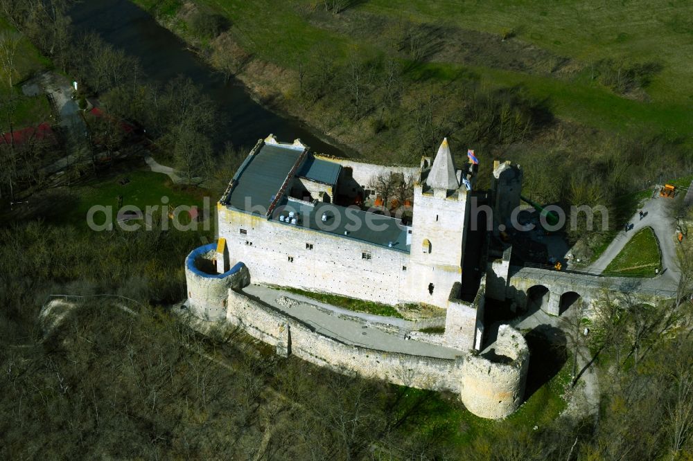 Aerial image Bad Kösen - Castle of the fortress Rudelsburg Am Burgberg in Bad Koesen in the state Saxony-Anhalt, Germany
