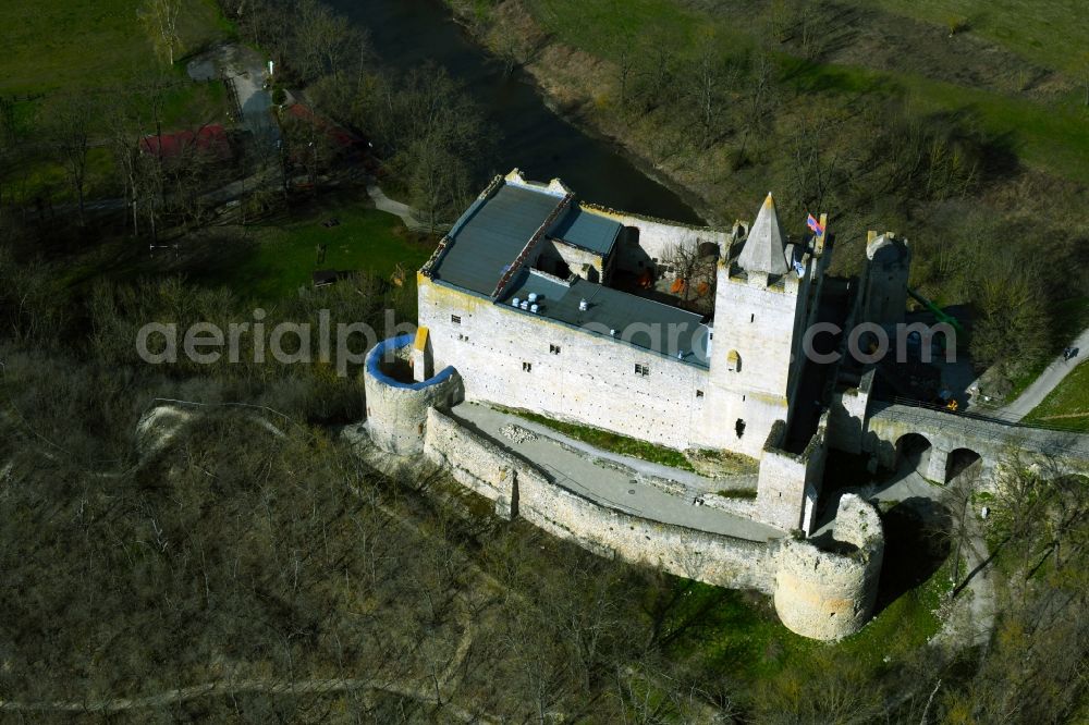 Aerial photograph Bad Kösen - Castle of the fortress Rudelsburg Am Burgberg in Bad Koesen in the state Saxony-Anhalt, Germany
