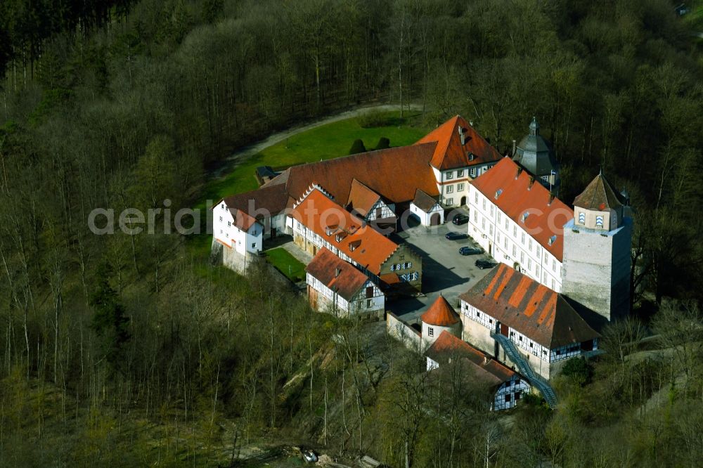 Aschhausen from above - Castle of the Aschhausen Castle in Aschhausen in the Hohenlohe district in the state of Baden-Wurttemberg, Germany