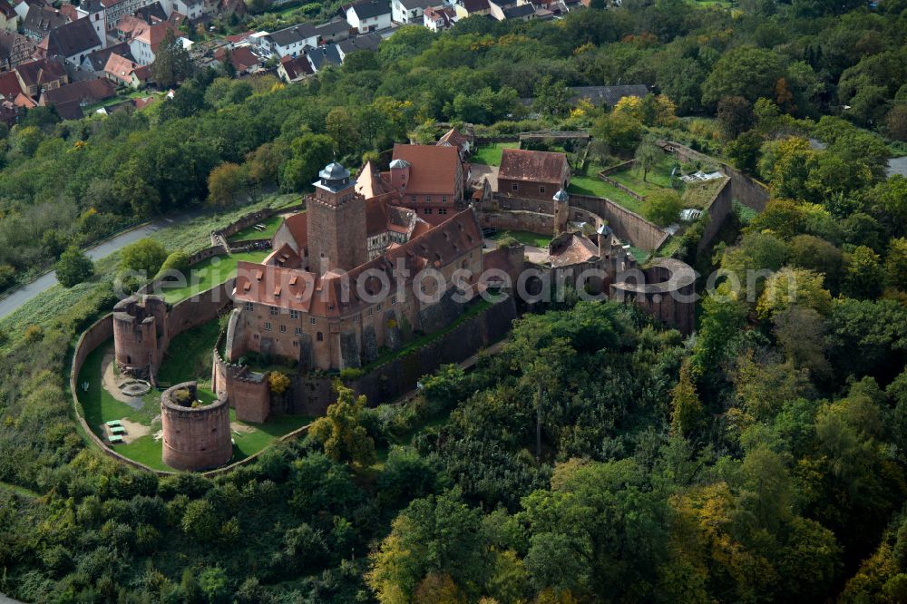 Breuberg from above - Castle complex on the plateau Burg Breuberg on street Burgstrasse in Breuberg in the state Hesse, Germany