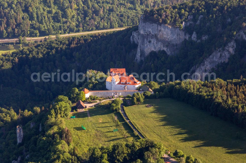 Fridingen an der Donau from above - Castle Bronnen over the valley of the Danube in Fridingen an der Donau in the state Baden-Wuerttemberg