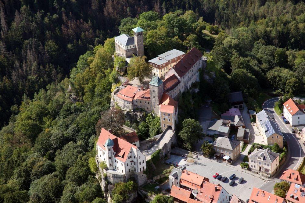 Hohnstein from above - Castle of Hohnstein castle in Hohnstein in the state Saxony, Germany