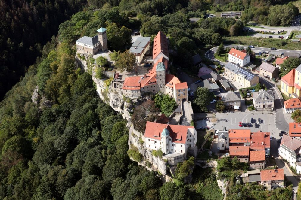 Hohnstein from above - Castle of Hohnstein castle in Hohnstein in the state Saxony, Germany
