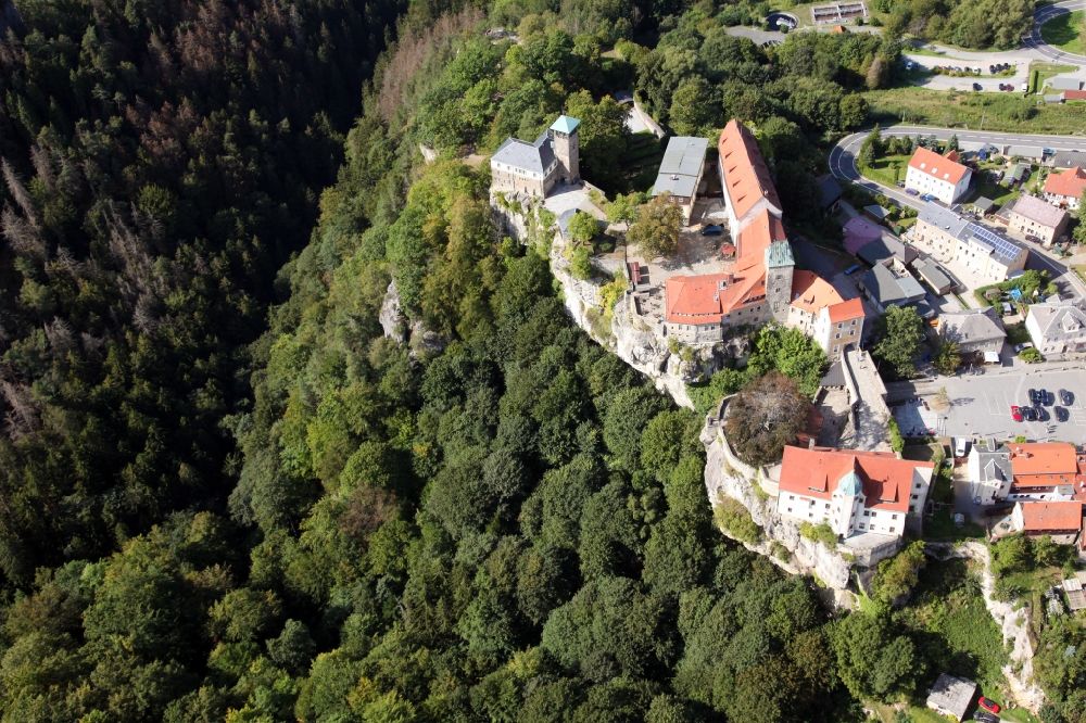 Hohnstein from the bird's eye view: Castle of Hohnstein castle in Hohnstein in the state Saxony, Germany