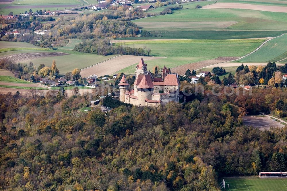 Leobendorf from the bird's eye view: Castle of Burg Kreuzenstein in Leobendorf in Lower Austria, Austria