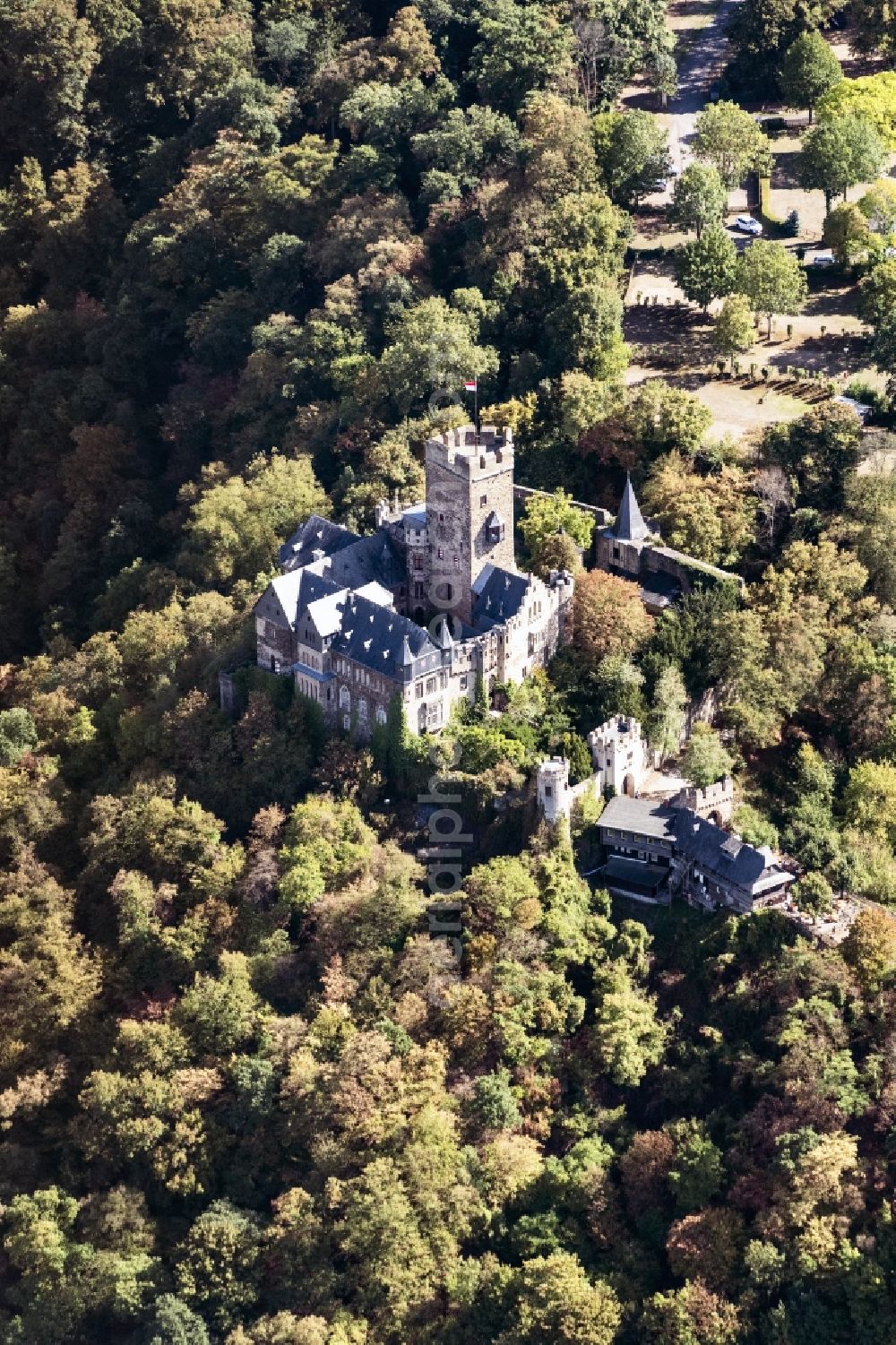 Aerial photograph Lahnstein - Castle of Schloss Burg Lahneck in Lahnstein in the state Rhineland-Palatinate, Germany