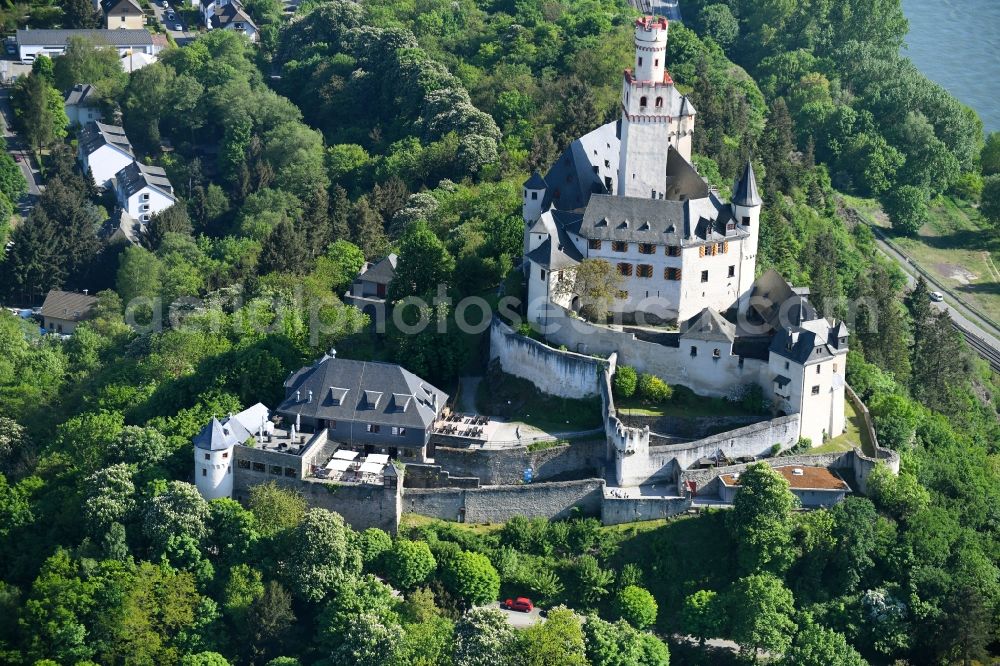 Aerial photograph Braubach - Castle of Schloss Marksburg in Braubach in the state Rhineland-Palatinate, Germany
