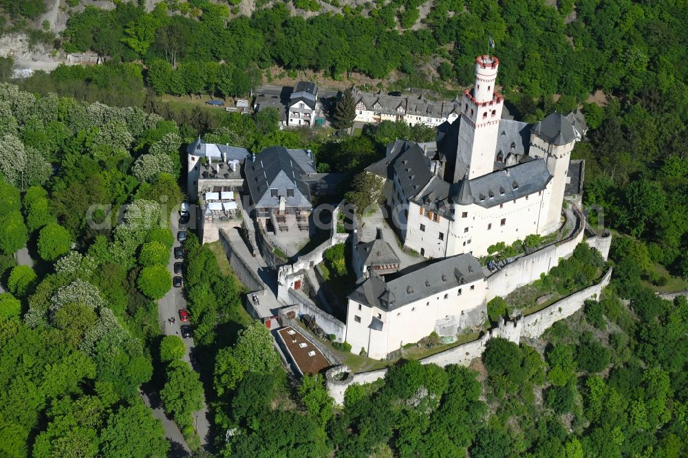Aerial image Braubach - Castle of Schloss Marksburg in Braubach in the state Rhineland-Palatinate, Germany