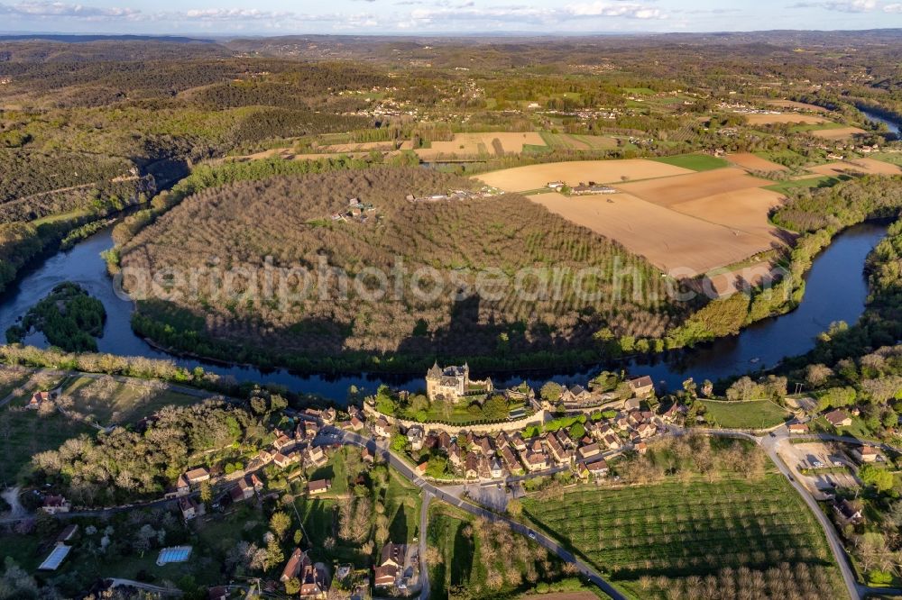 Aerial image Vitrac - Castle of Montfort above the Dordogne in Vitrac in Nouvelle-Aquitaine, France
